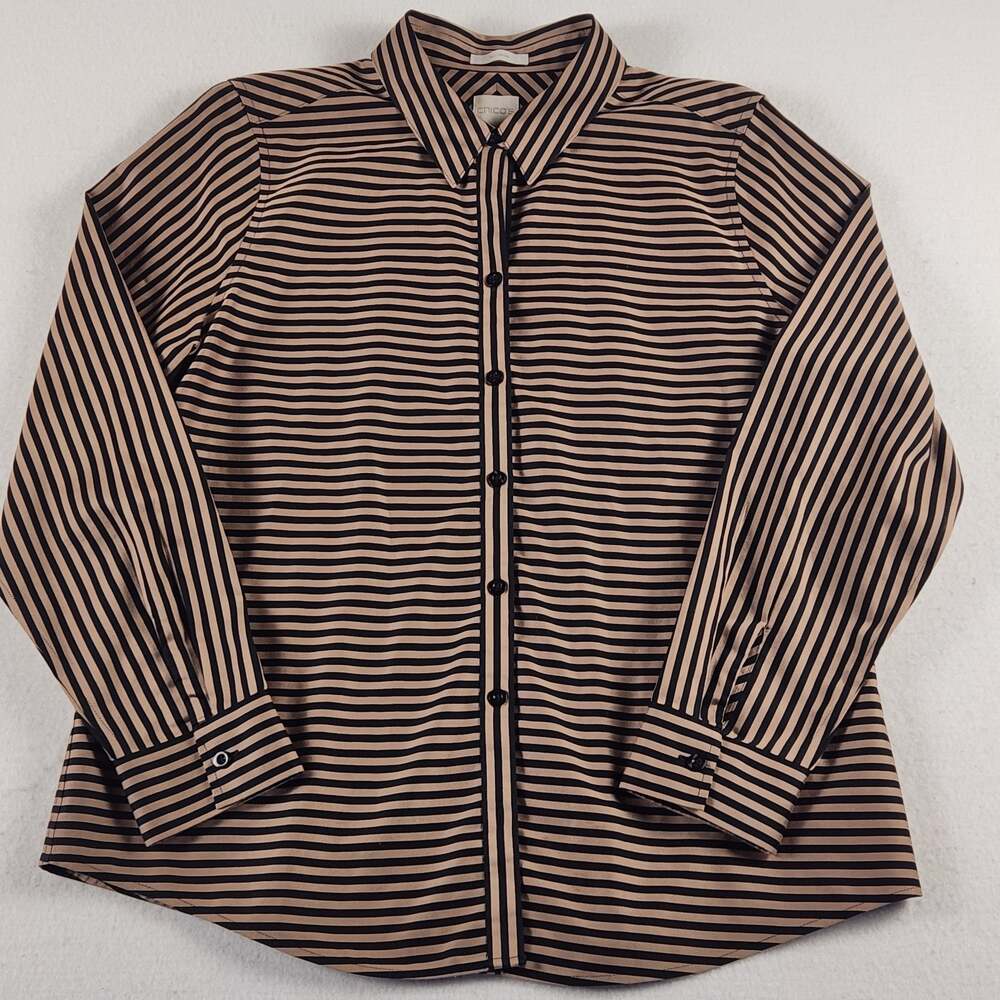Chicos No Iron Button Up Shirt Sz 1 (M) Black Brown Stripe Long Sleeve Classy